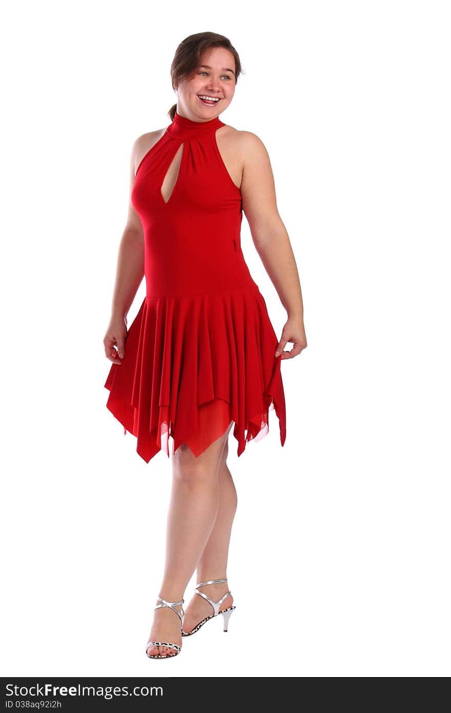 Chubby girl in red dress dancing isolated