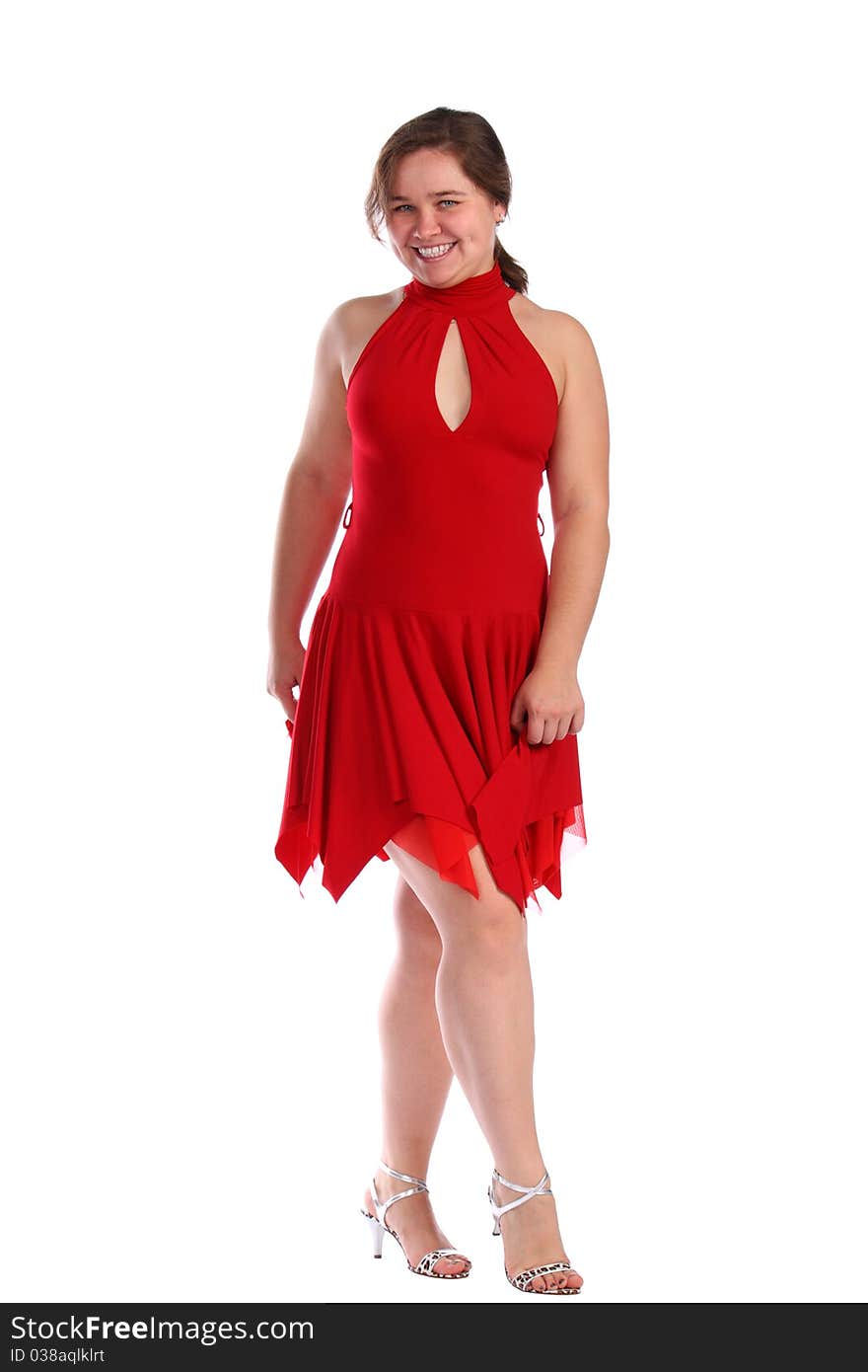 Chubby girl in red dress dancing