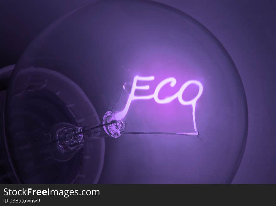 Close up on illuminated purple light bulb filament spelling the word Eco. Close up on illuminated purple light bulb filament spelling the word Eco.