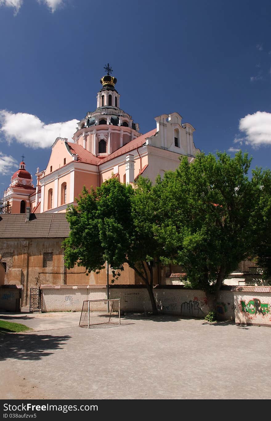 Soccer goals dwarfed by the bulk of the baroque St Casimir's Church in Vilnius, Lithuania. Soccer goals dwarfed by the bulk of the baroque St Casimir's Church in Vilnius, Lithuania.