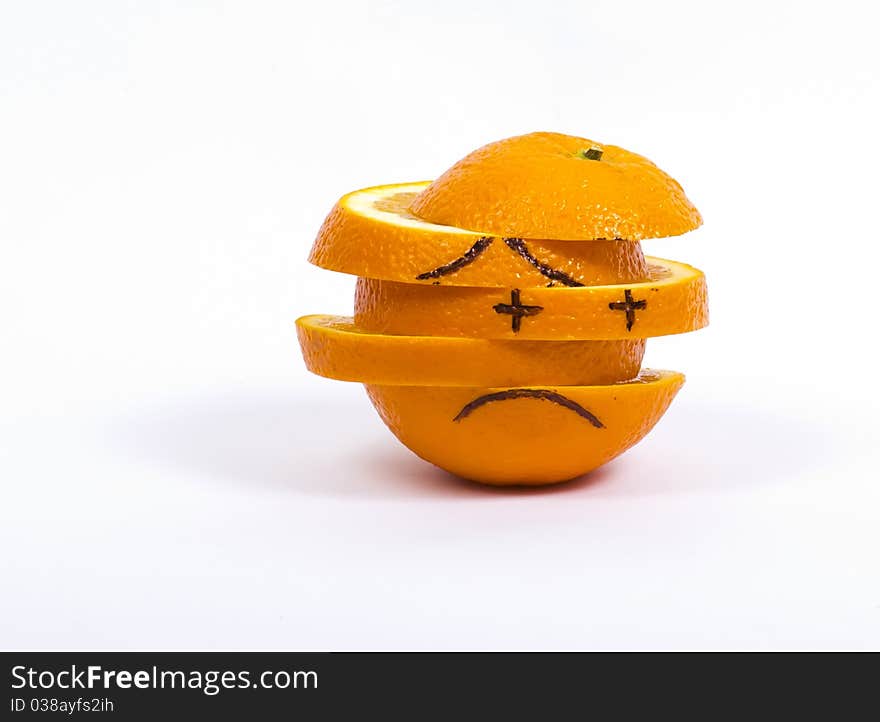 Chopped orange sad smile on a white background