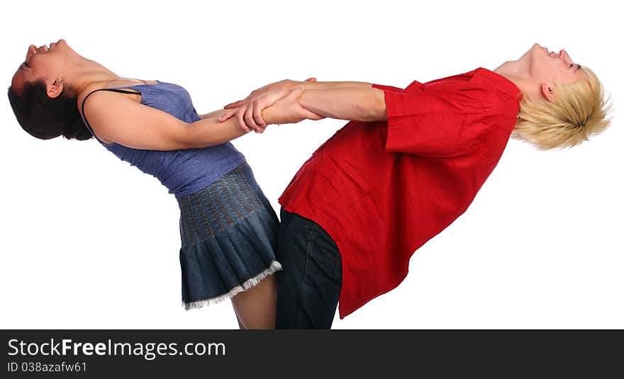 Young couple hold hands and bend behind. Isolated.