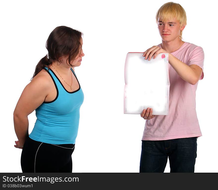 Young man shows blank psges for girl. Isolated.