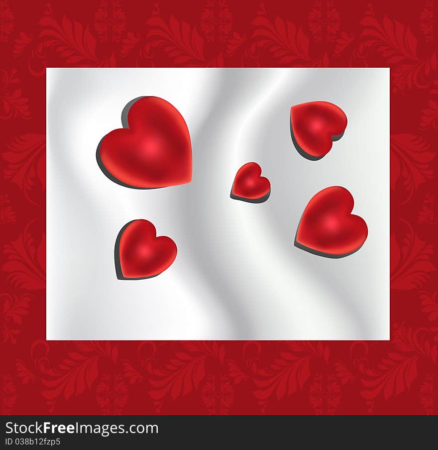 Red Hearts On The Silk Background