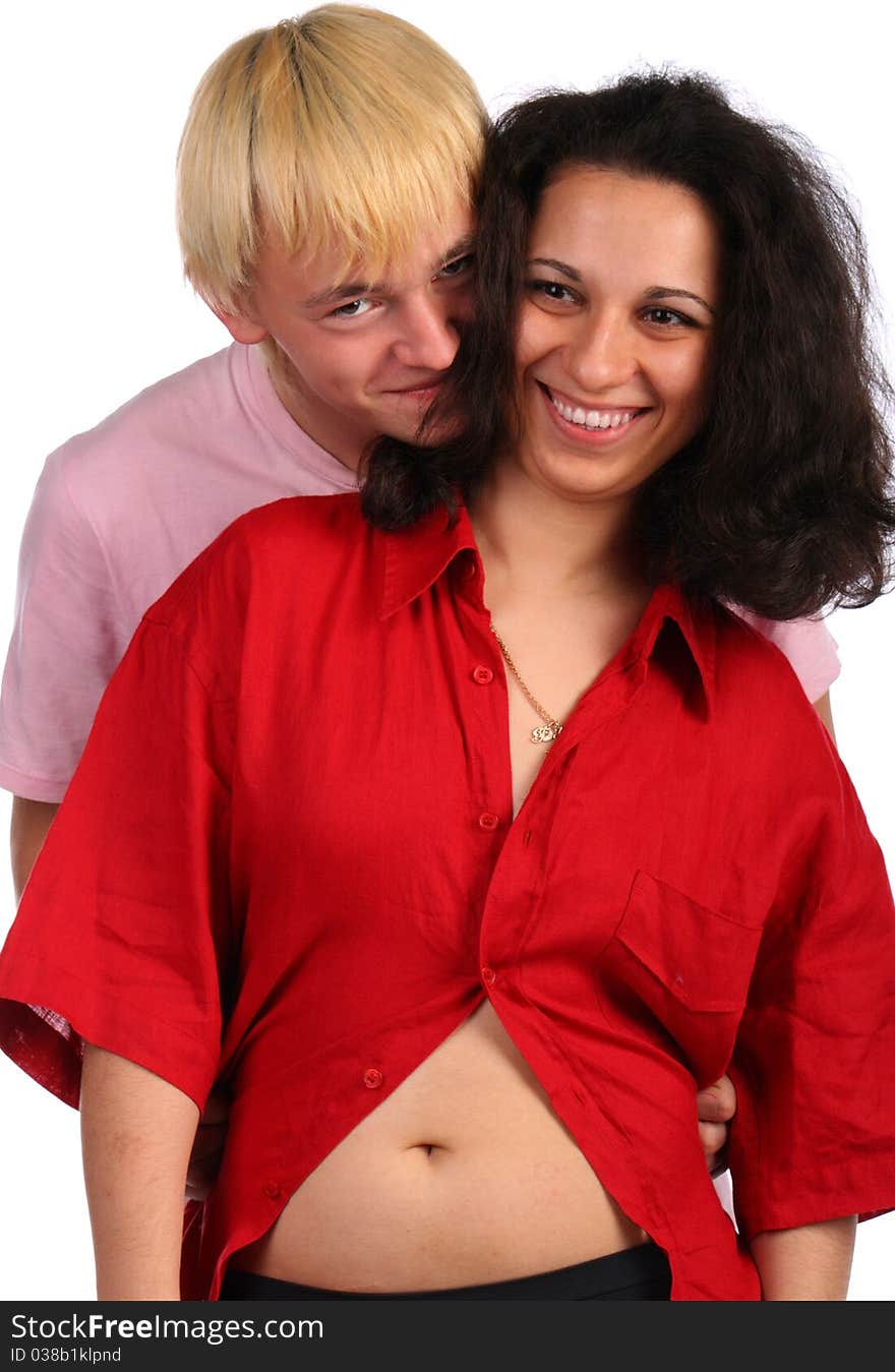 Young Man Embrace Girl In Red Male Shirt