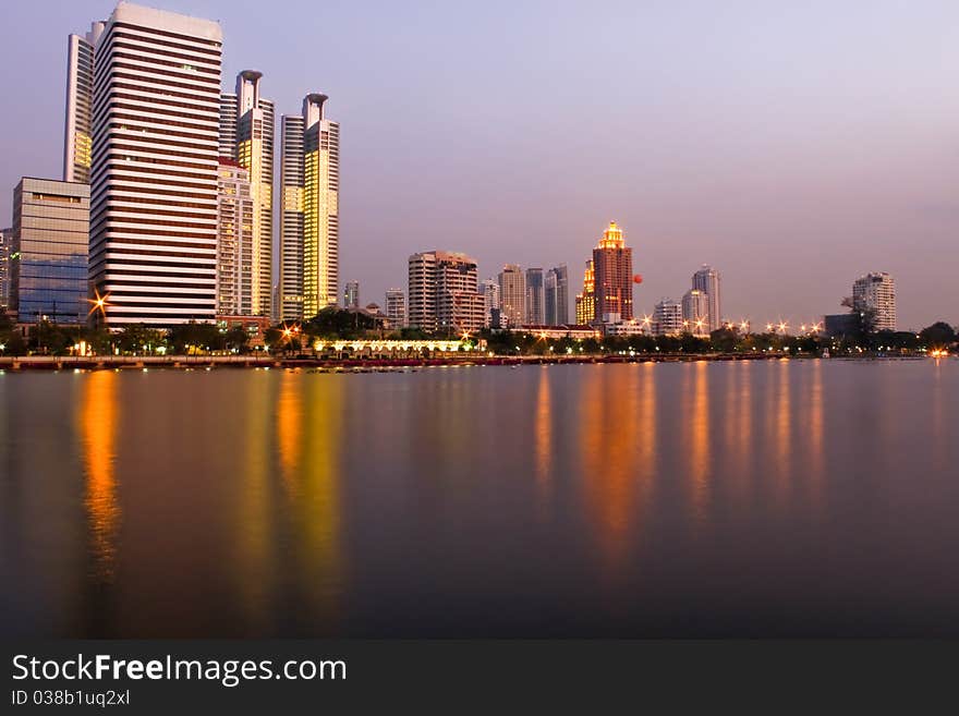 The big building in Bangkok after sunset