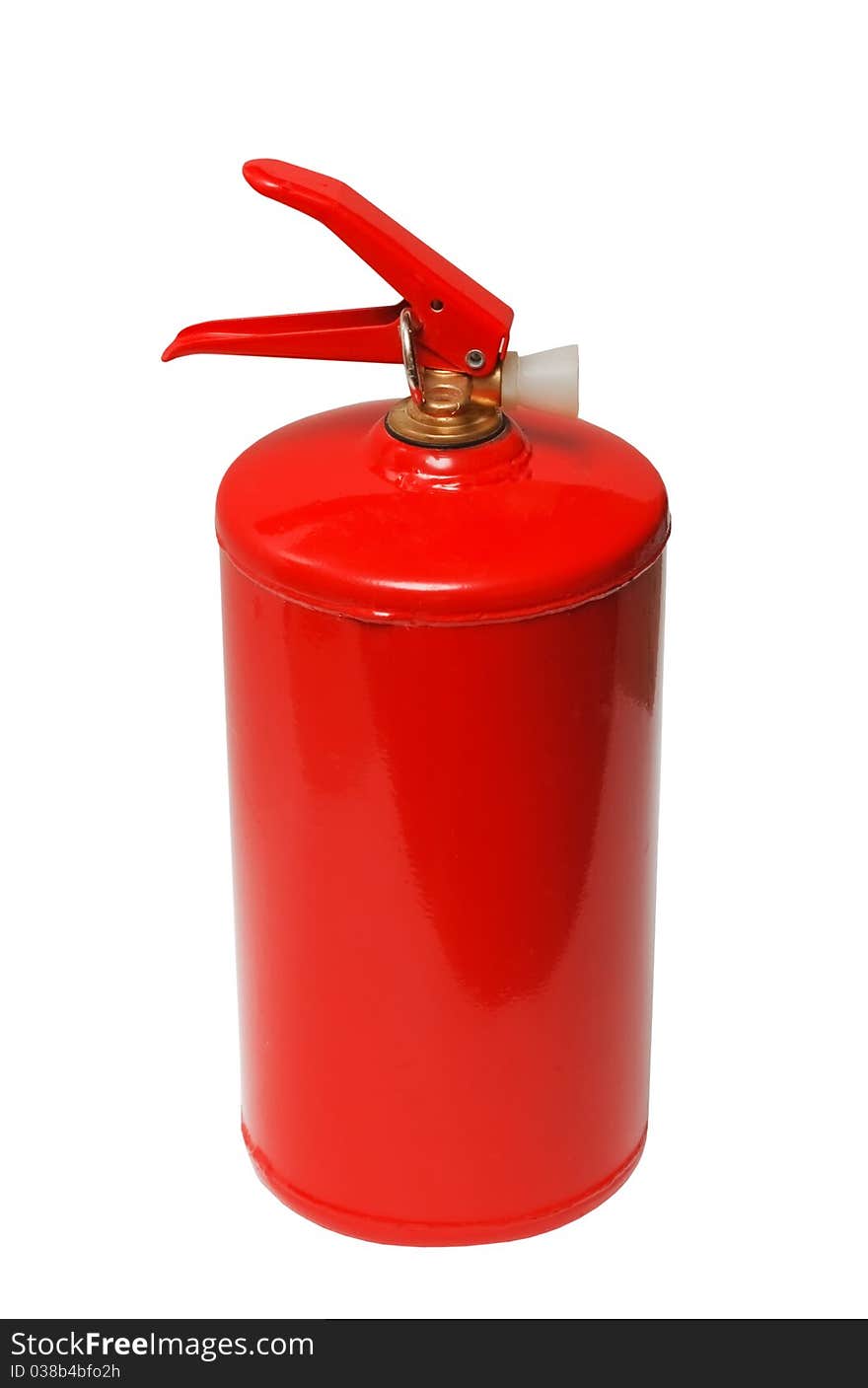 Red fire extinguisher on white background, was photographed in close-up (isolated)