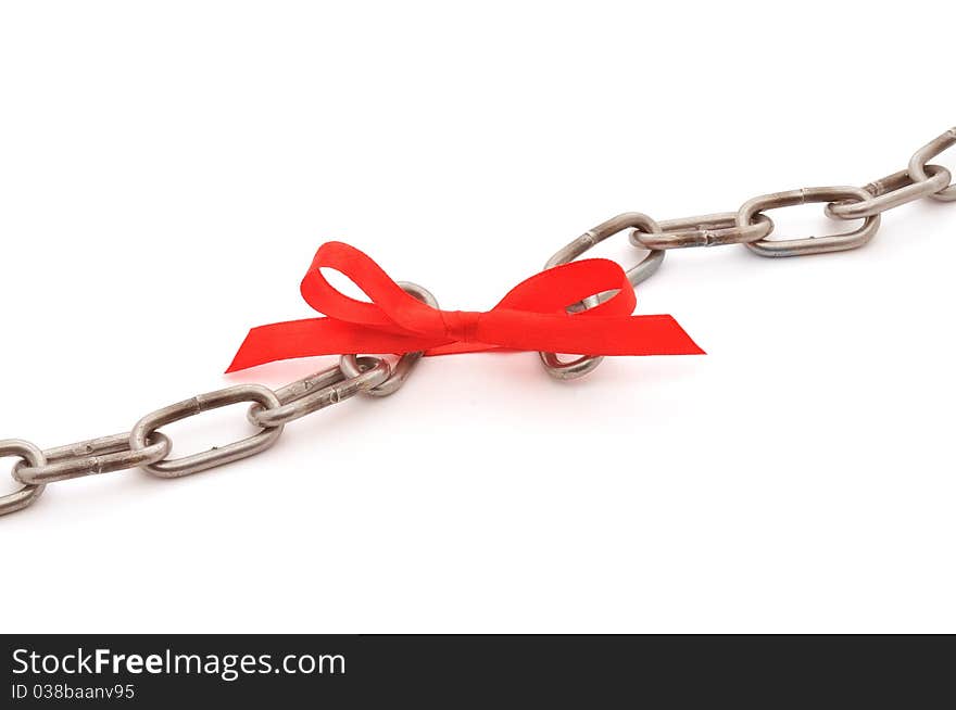 Chain and red bow isolated on white, business concept