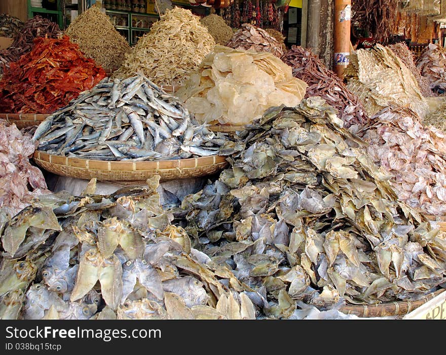 A bunch of dried fish for sale in the public market in the Philippines