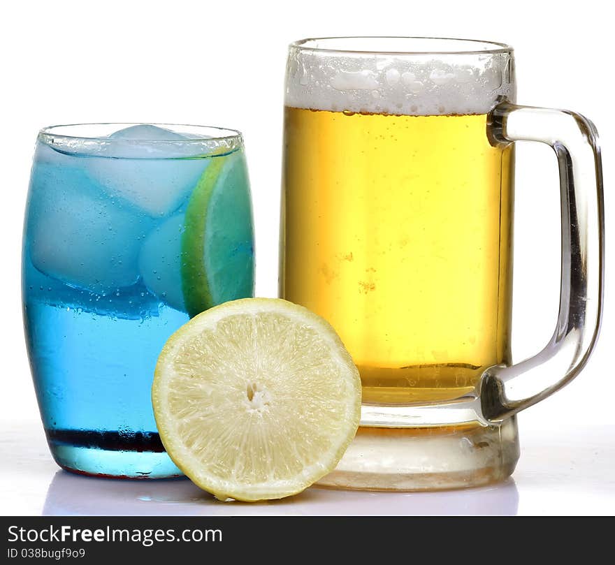 Beer and iceberg drinks isolated on white background.