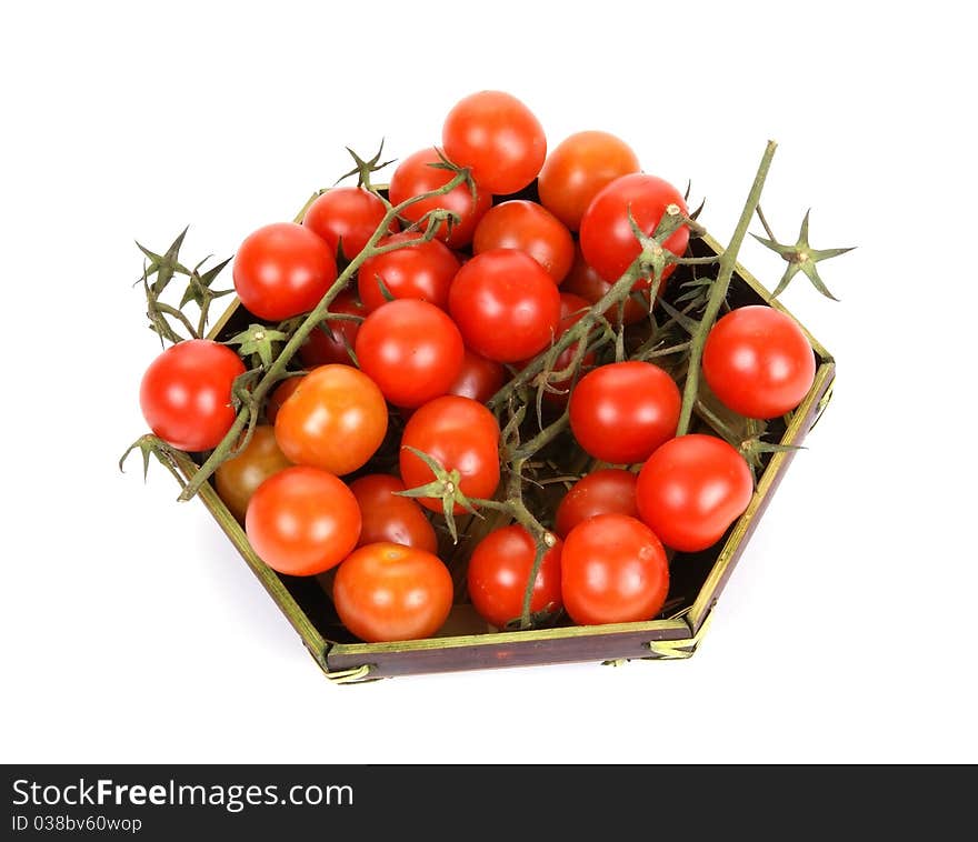 Cherry tomato --is a smaller garden variety of tomato, on a white background