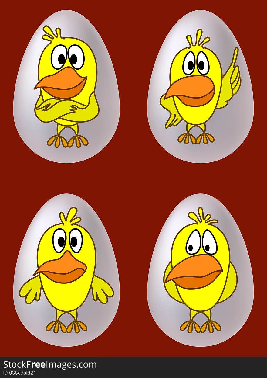 Birds, chickens with different emotions in eggs, set. Birds, chickens with different emotions in eggs, set