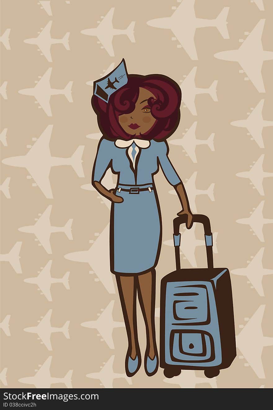 Vector retro illustration of a stewardess holding a flight-bag