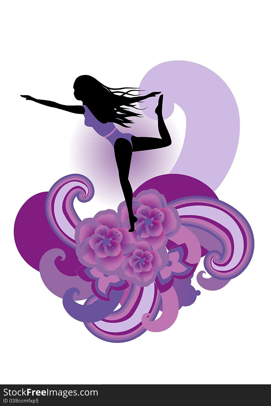 Vector illustration of woman practisig yoga with stylized hibiscus and others floral elements. Vector illustration of woman practisig yoga with stylized hibiscus and others floral elements