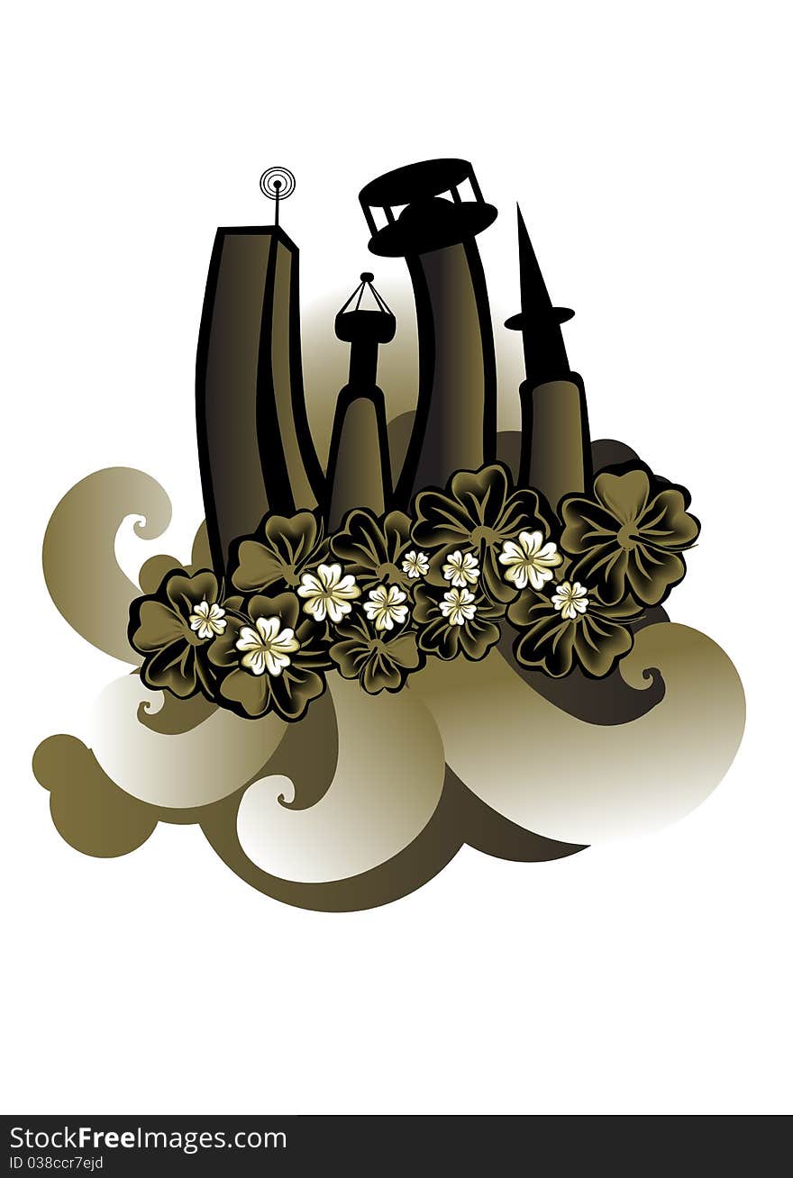 Vector illustration of futuristic city with stylized hibiscus and others floral elements