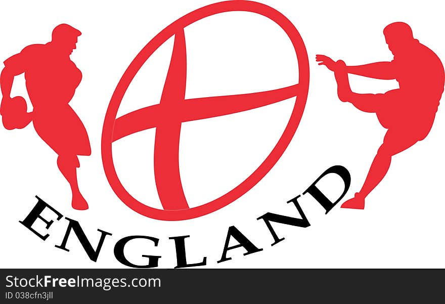 Illustration of a rugby player passing kicking the ball side view set inside oval or ball with English flag and words England. Illustration of a rugby player passing kicking the ball side view set inside oval or ball with English flag and words England