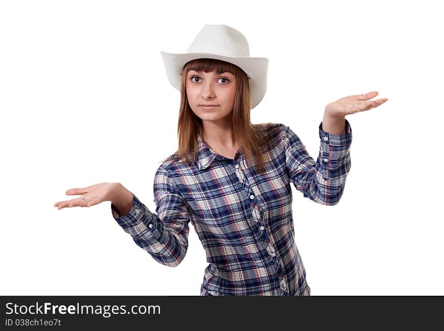 Girl wearing a hat in a plaid shirt with a white background