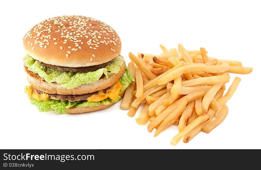 Cheeseburger with fries on a white background