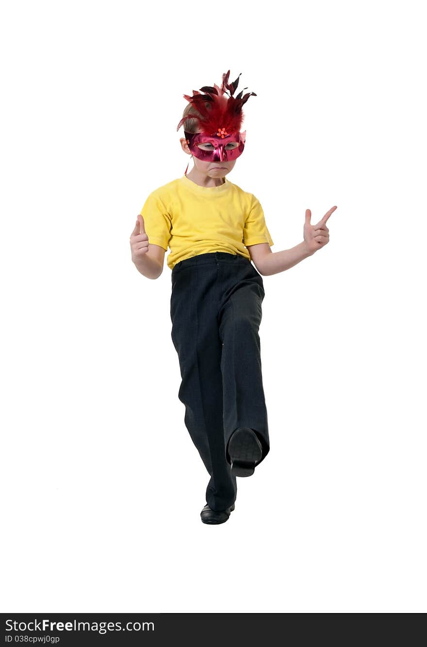 Boy in a red mask with feathers on a white background