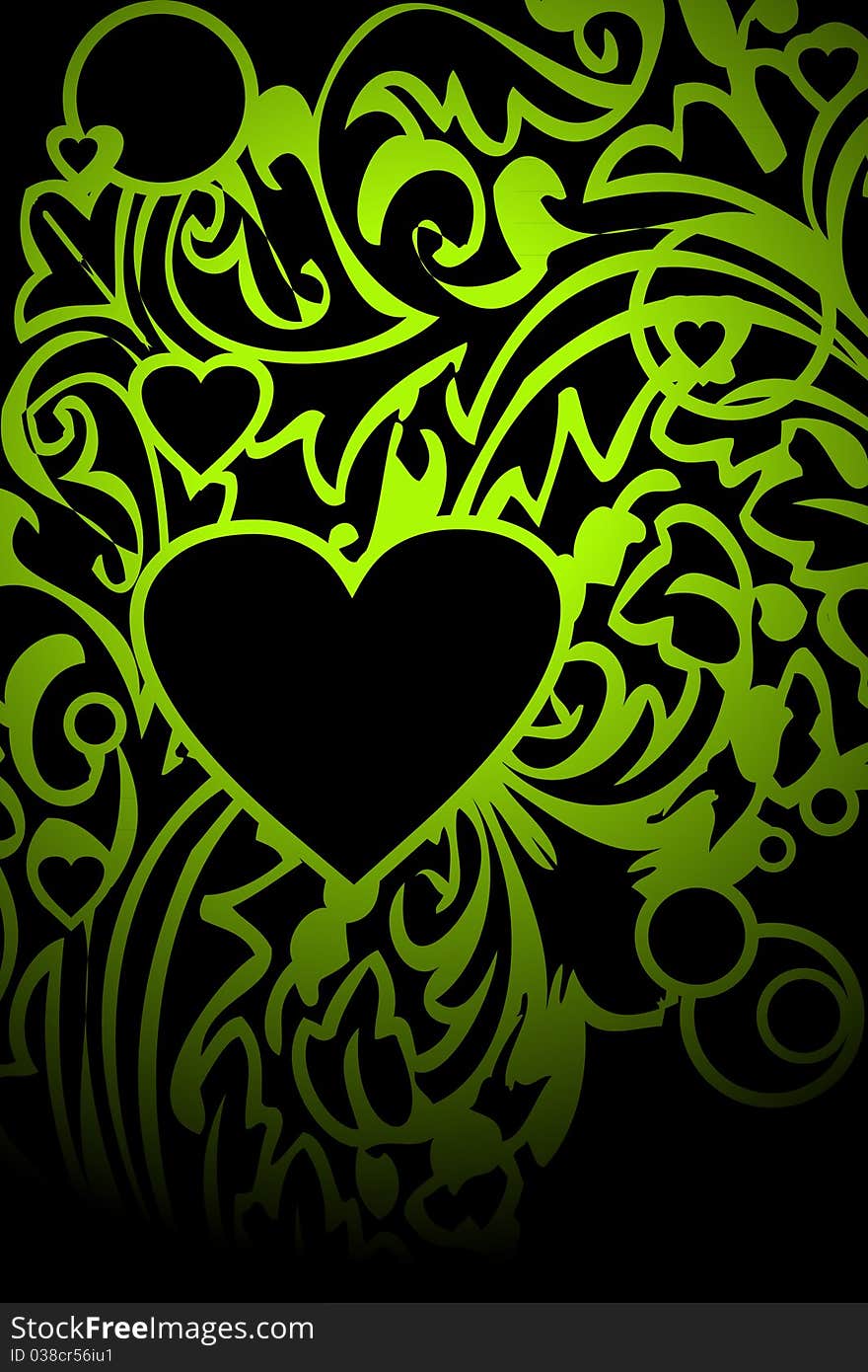 Illustration of green ornament and heart on black