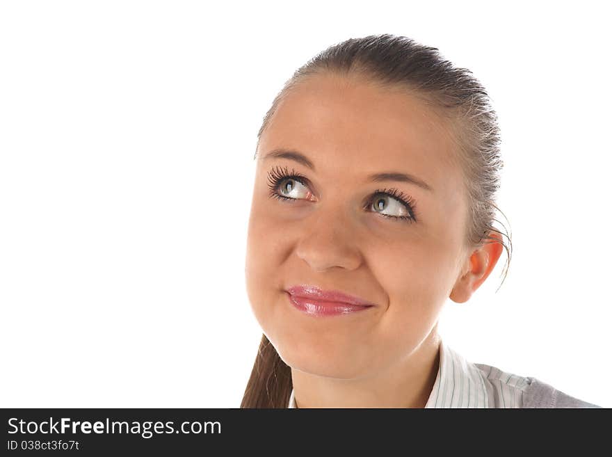 Close up portrait of smiling gilr looking up isolated on white background