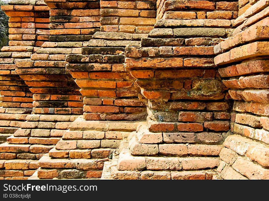 Step of the brick wall decoration in ancient Buddha temple , Asia , Thailand