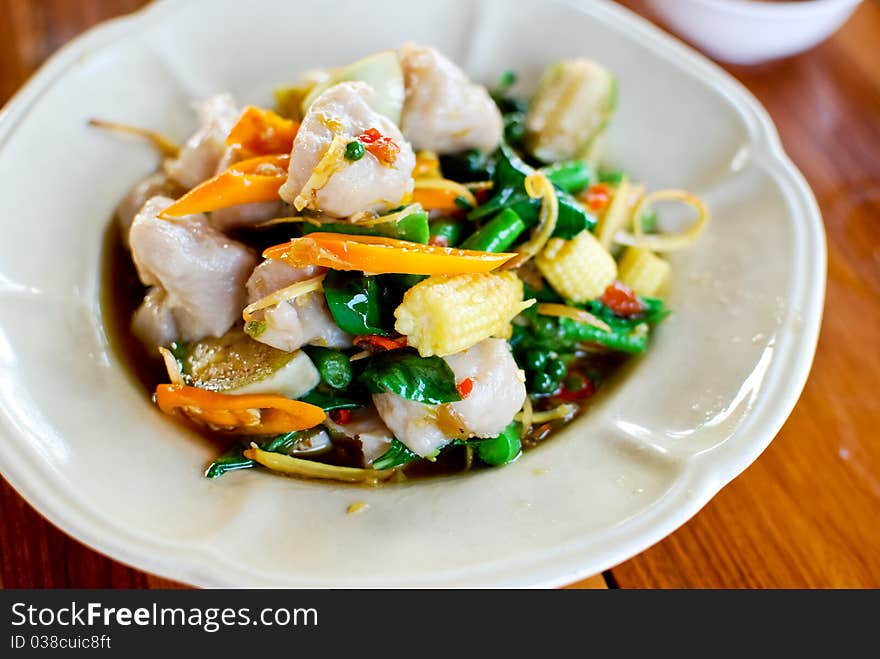 Spicy fish ball fried with vegetables , Asian style food , Thailand