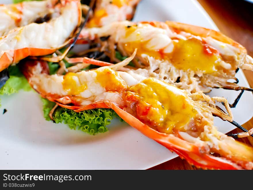 Grilled shrimp with shrimp eggs in the head , closeup , Asian style food , Thailand. Grilled shrimp with shrimp eggs in the head , closeup , Asian style food , Thailand