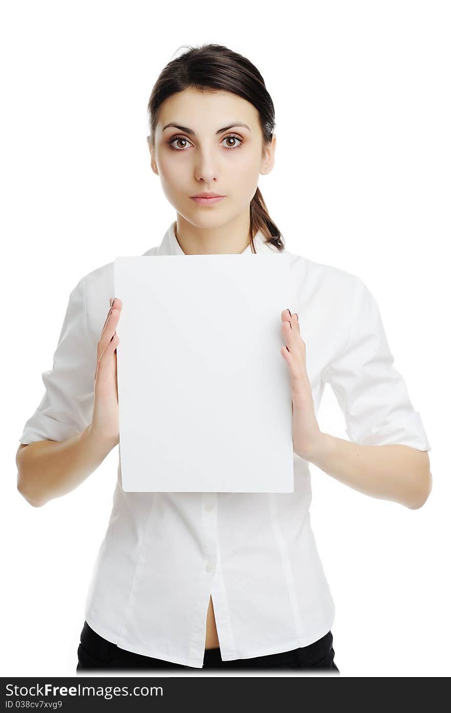 An image of young woman holding white paper. An image of young woman holding white paper