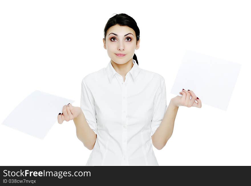 An image of young businesswoman holding sheets of papper. An image of young businesswoman holding sheets of papper