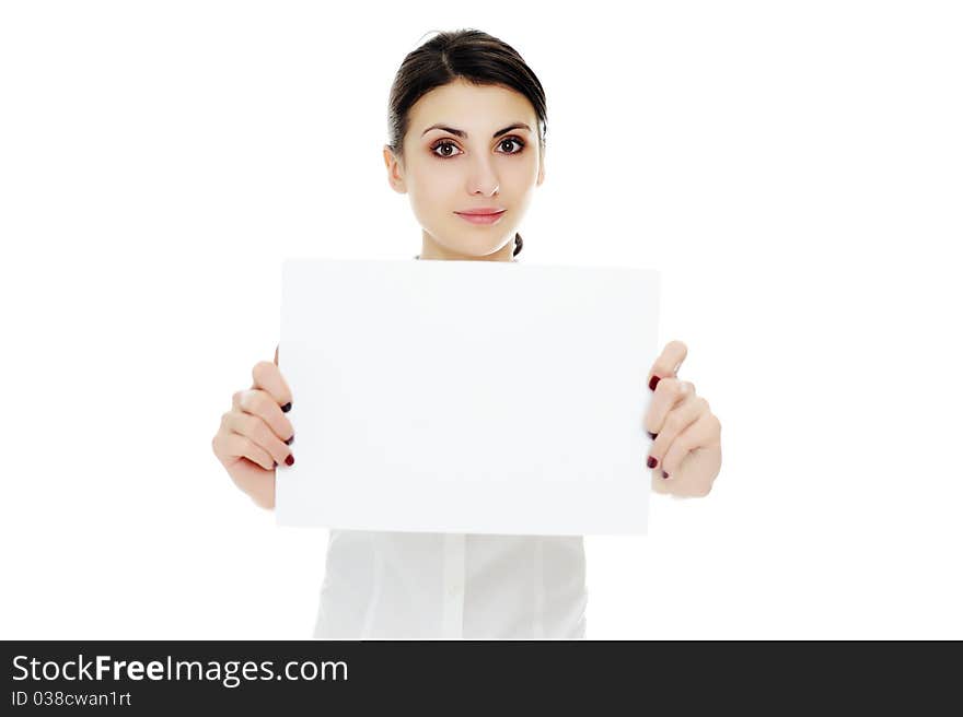 An image of young woman holding white paper. An image of young woman holding white paper