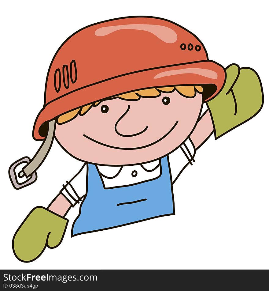 Builder in the helmet and gloves, in work clothes, waving and smiling