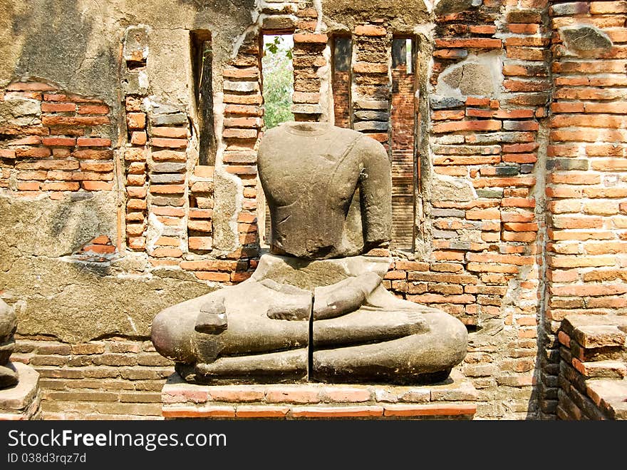 Ancient Buddha stone statue in Ayutthaya Buddha Temple , Asia , Thailand