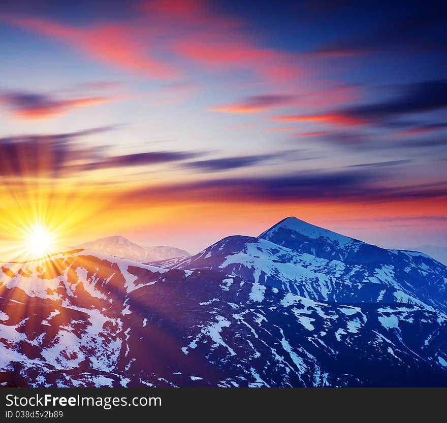 Majestic sunset in the mountains landscape. HDR image. Majestic sunset in the mountains landscape. HDR image