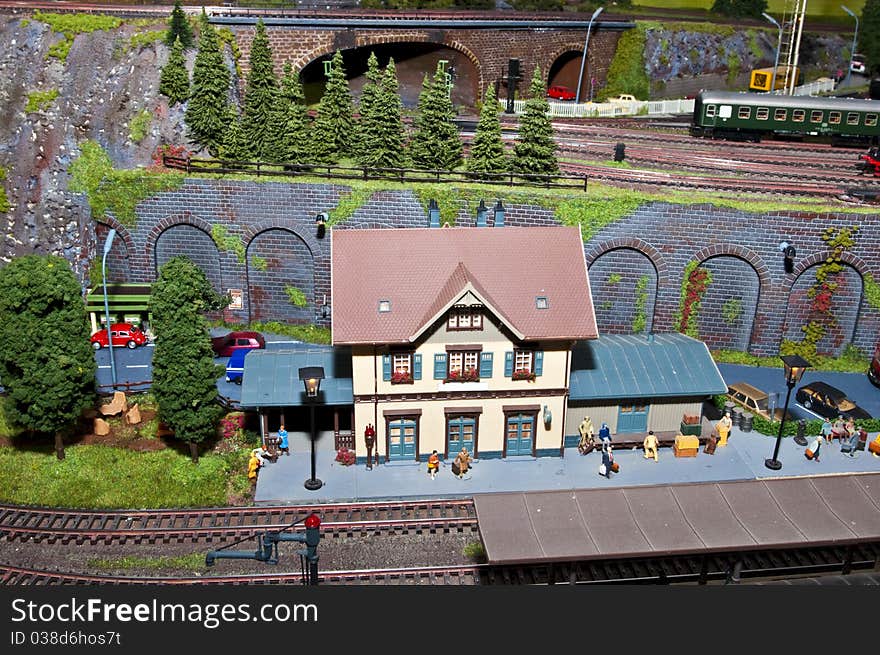 Detail of a train station in a toy train electric. Detail of a train station in a toy train electric