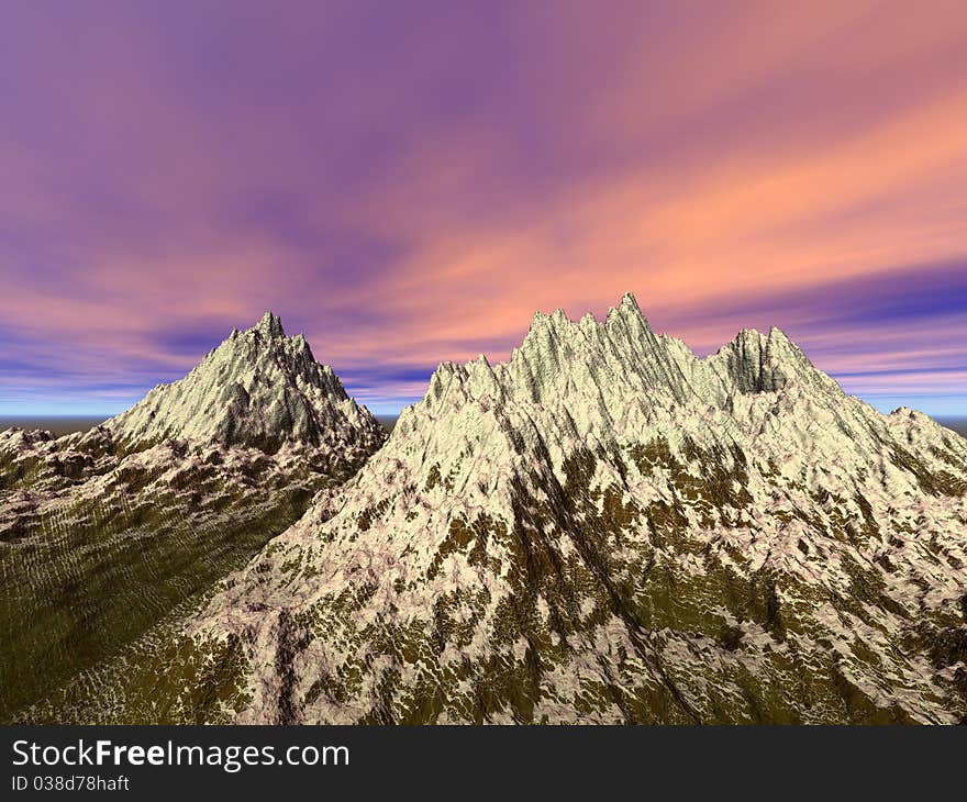 Illustration of high snowy mountains at sundown