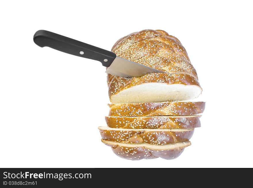 Tasty bread slices cutting isolated on white