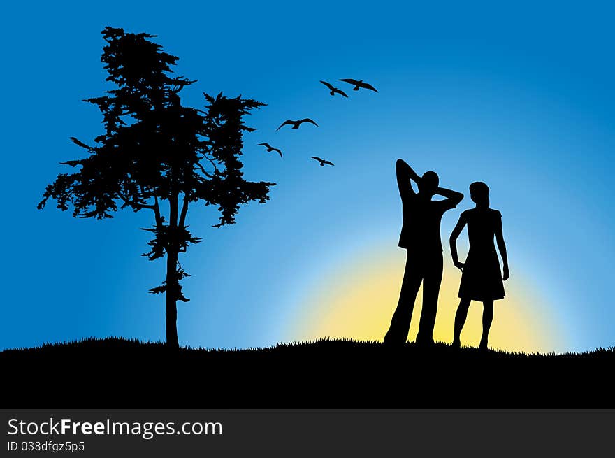 Man and girl standing on hill near tree, blue background