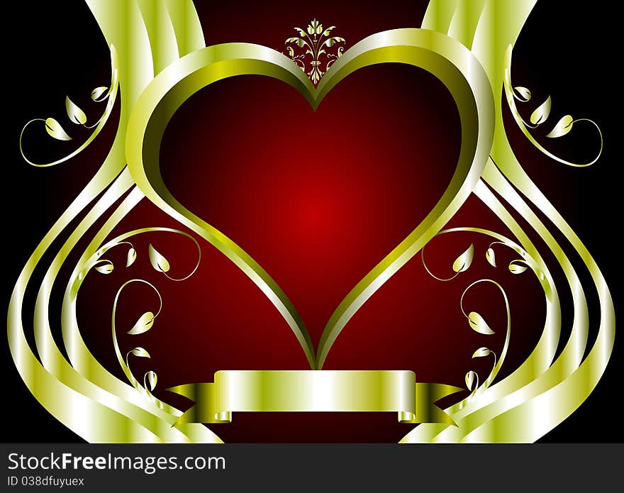 A valentines background with a series of gold hearts on a deep red backdrop and a large central heart with room for text. A valentines background with a series of gold hearts on a deep red backdrop and a large central heart with room for text