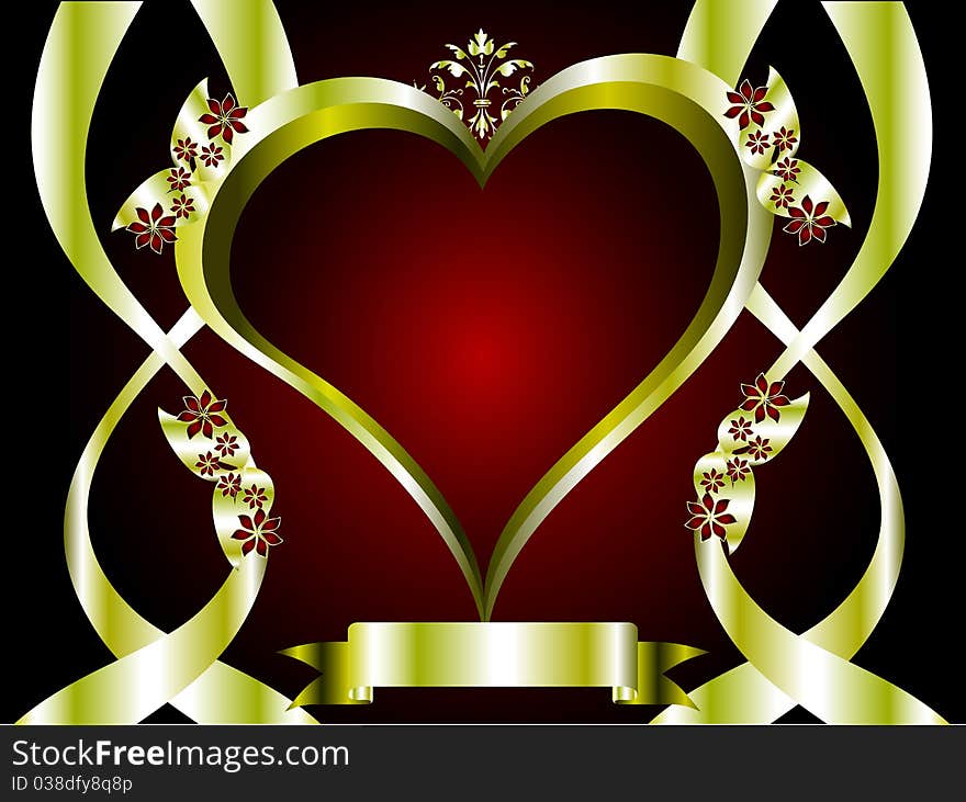 A valentines background with a series of gold hearts on a deep red backdrop and a large central heart with room for text. A valentines background with a series of gold hearts on a deep red backdrop and a large central heart with room for text