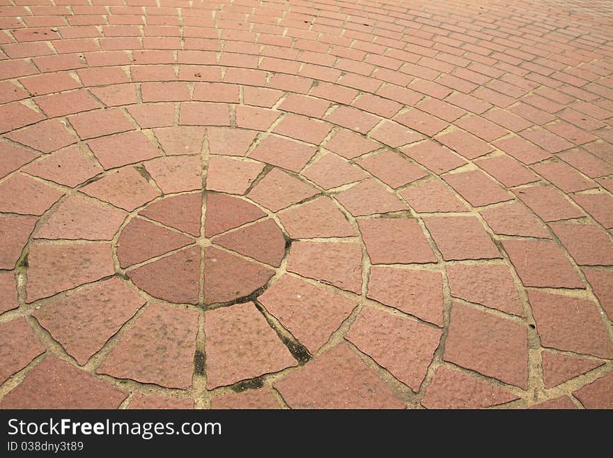 Bricks on a sidewalk, arranged in a circular pattern.