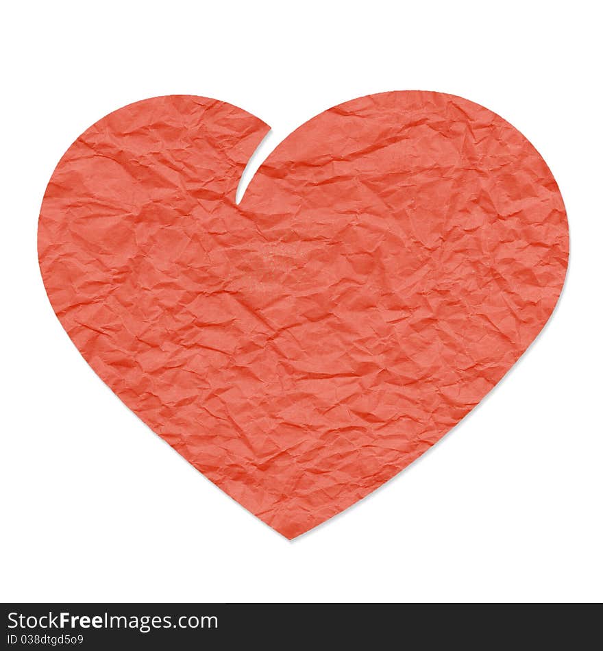 Red heart shape, isolated on white background, cut out from grungy crumpled package paper. Red heart shape, isolated on white background, cut out from grungy crumpled package paper