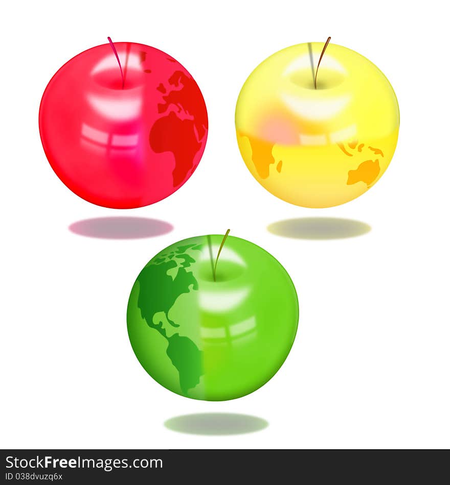 Three apples with the image of globe