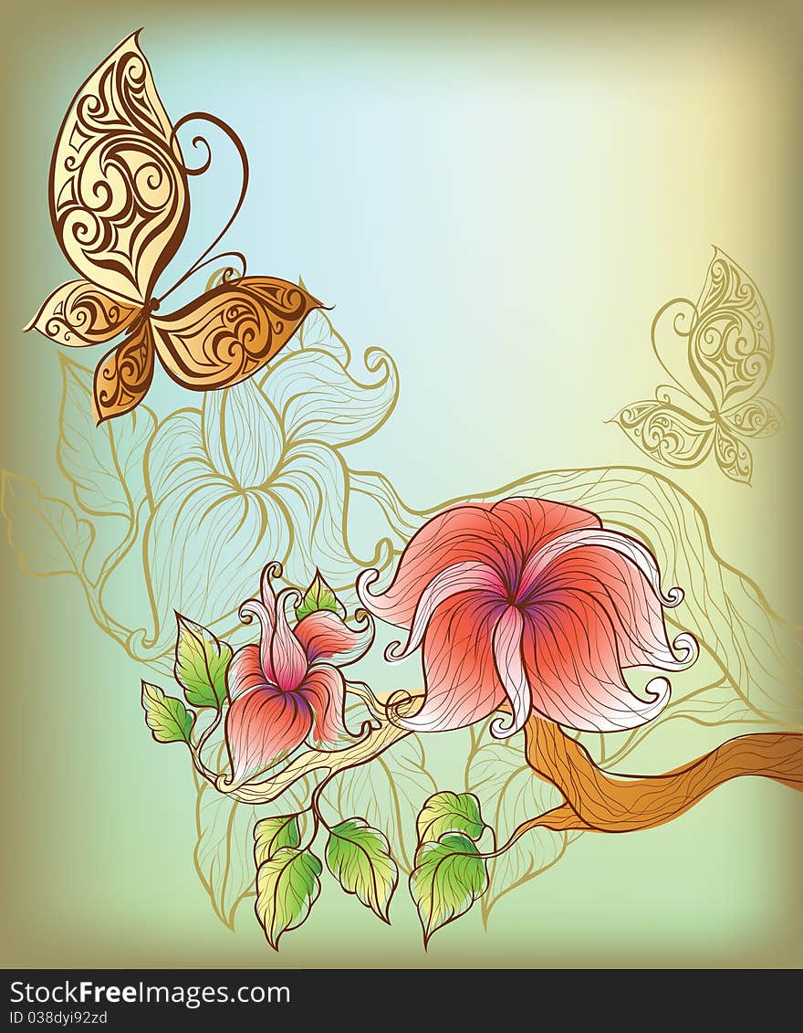 Background with flowers and butterfly