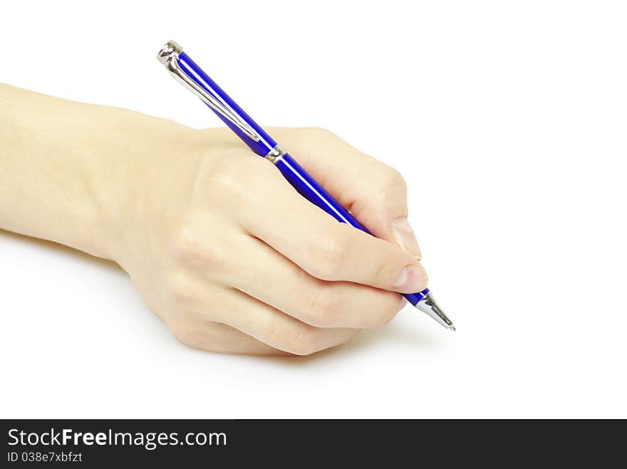 Hand holding pen isolated on white background