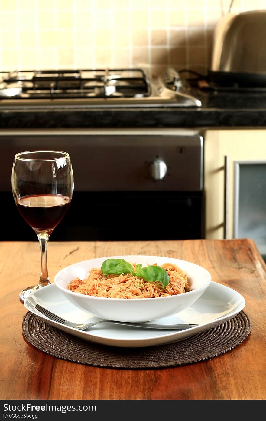 Image of tasty chinese noodles with glass of red wine. Image of tasty chinese noodles with glass of red wine