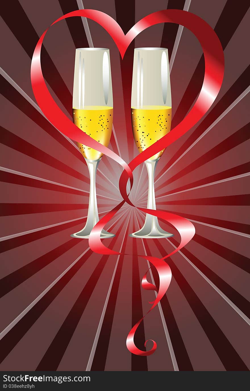 Two wine glasses with champagne and a ribbon