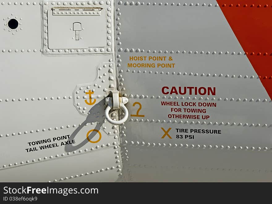 Closeup of warnings and connections on a rescue aircraft. Closeup of warnings and connections on a rescue aircraft