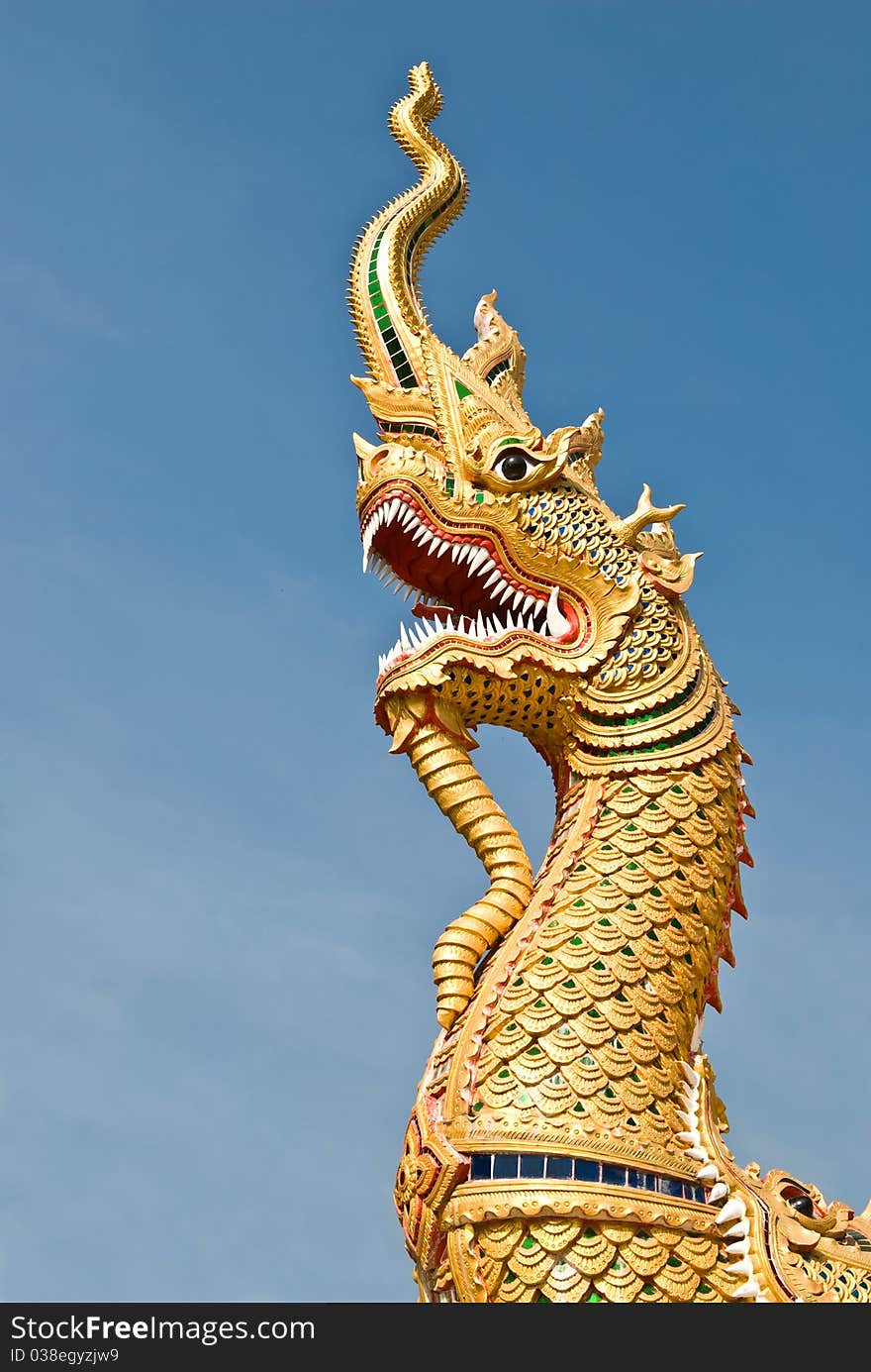 King of naga with blue sky in thai temple