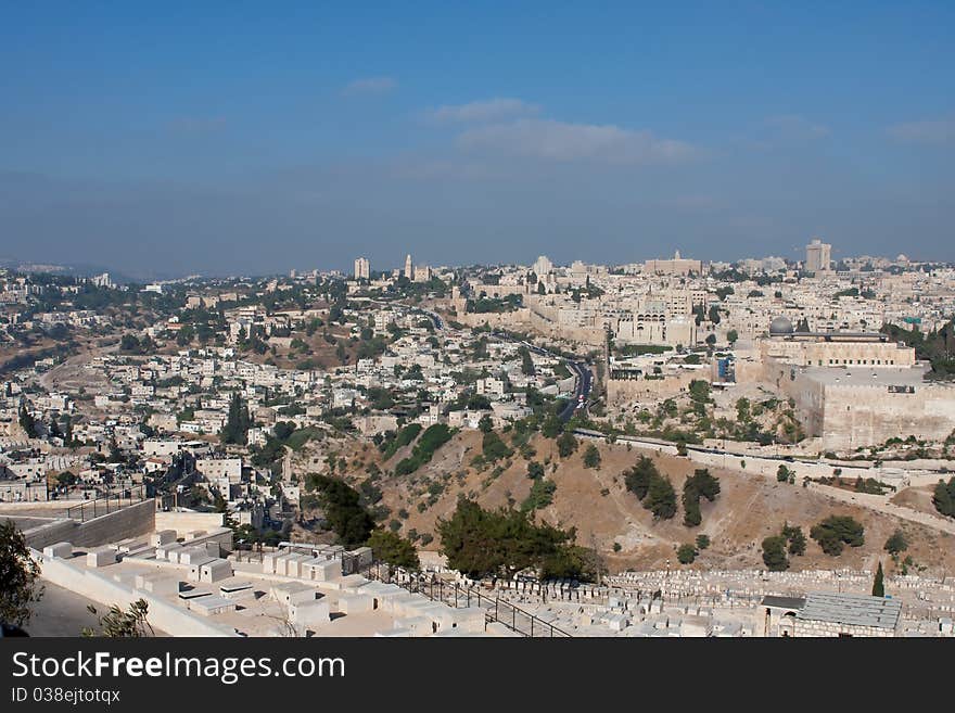 Jerusalem view - old city, mosque, church, synagogue